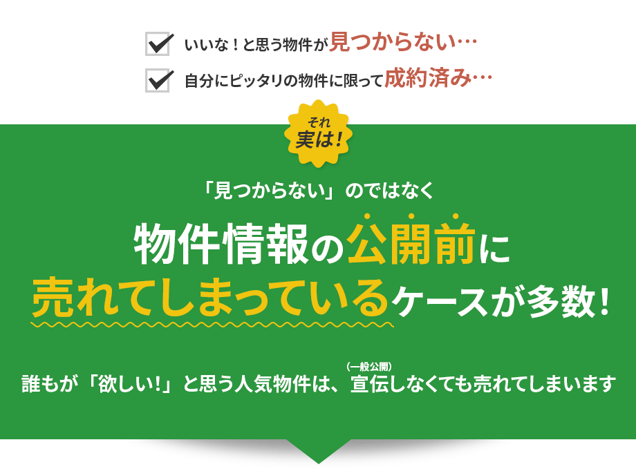 物件情報の公開前に売れてしまっているケースが多数！
